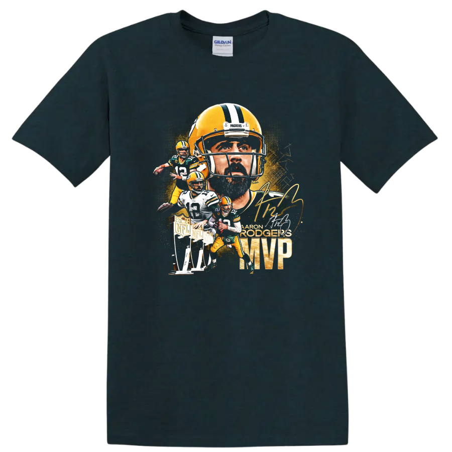 Aaron Rodgers Packers quarterback collage with helmet portrait, action poses, MVP text on a Midnight (Green) T Shirt