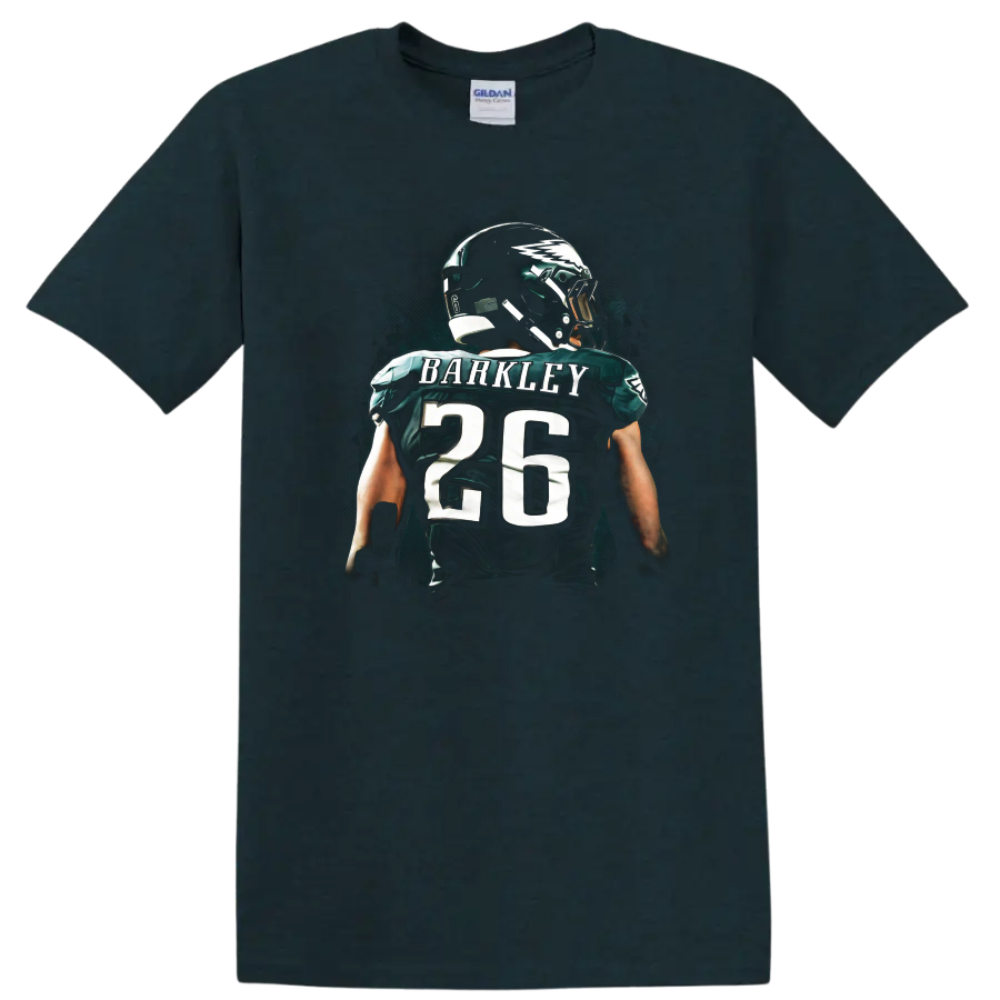 Saquon Barkley number 26 football jersey art with helmet and teal splatter backdrop on a Midnight (Green) T Shirt