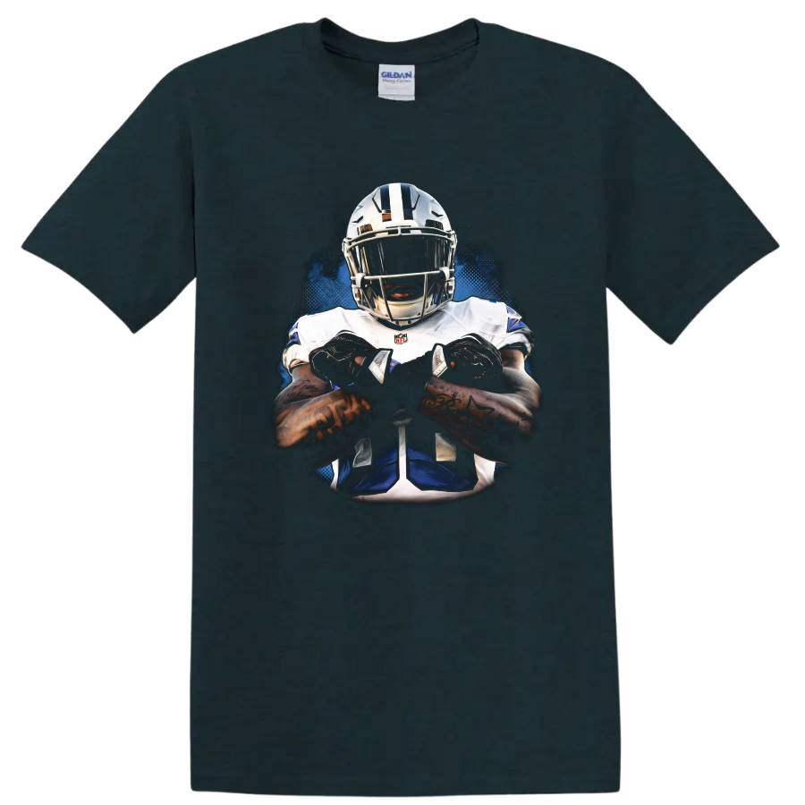 Trevon Diggs Dallas Cowboys helmeted football portrait with blue halftone effects on a Midnight (Green) T Shirt