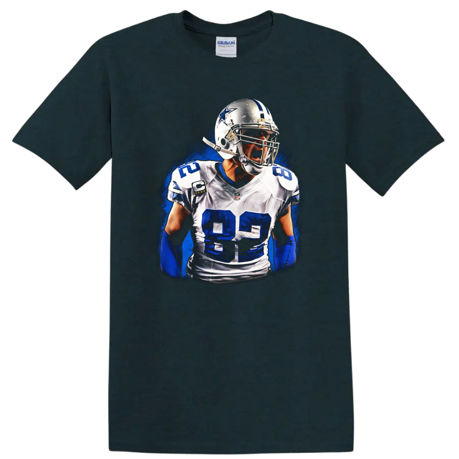 Dez Bryant Dallas Cowboys No. 88 football player portrait with electric blue action on a Midnight (Green) T Shirt