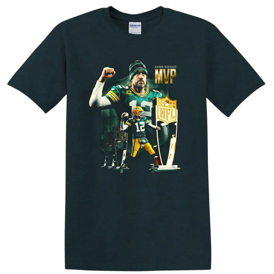 Aaron Rodgers Packers MVP football tribute with number 12, trophies, and bold artwork on a Midnight (Green) T Shirt