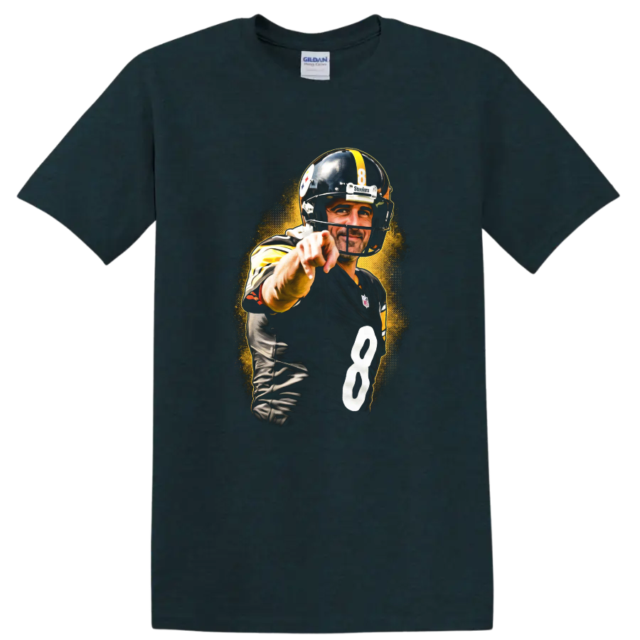 Ben Roethlisberger Steelers No. 8 pointing football graphic with golden halftone burst on a Midnight (Green) T Shirt