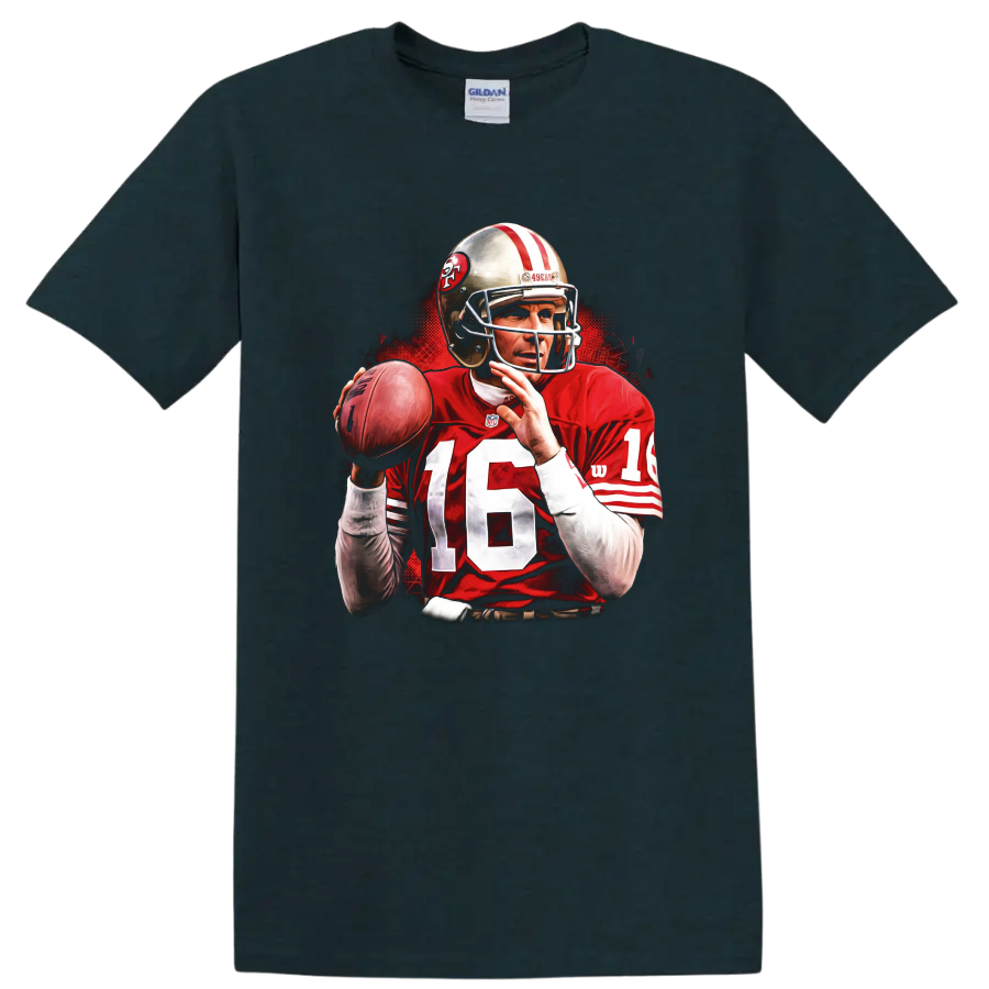 Joe Montana 49ers quarterback action portrait with football and red illustrated backdrop on a Midnight (Green) T Shirt