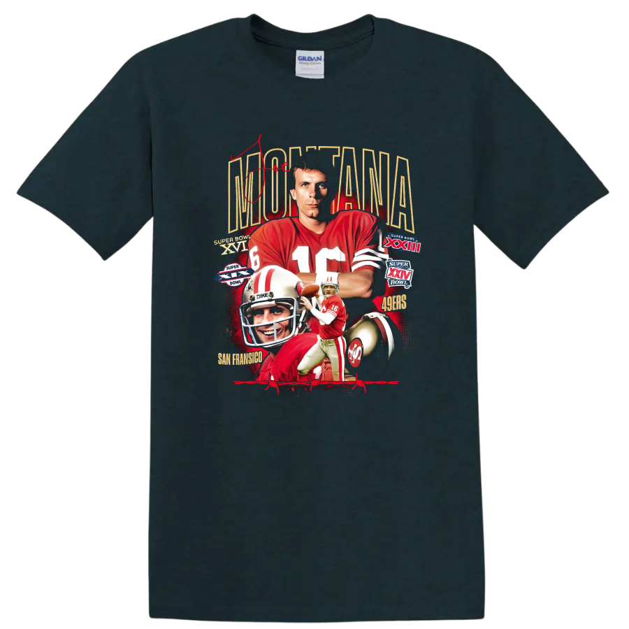 Joe Montana 49ers retro football collage with Super Bowl numerals and helmet on a Midnight (Green) T Shirt