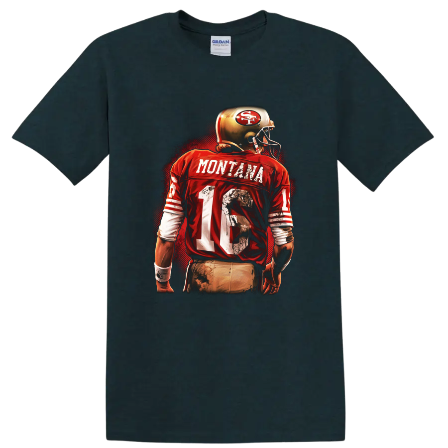 Joe Montana 49ers number 16 football player in distressed retro red artwork on a Midnight (Green) T Shirt