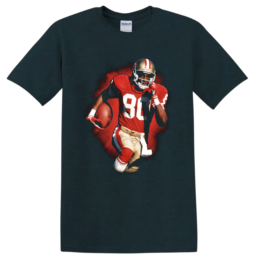 Jerry Rice 49ers number 80 action football graphic with red halftone backdrop on a Midnight (Green) T Shirt