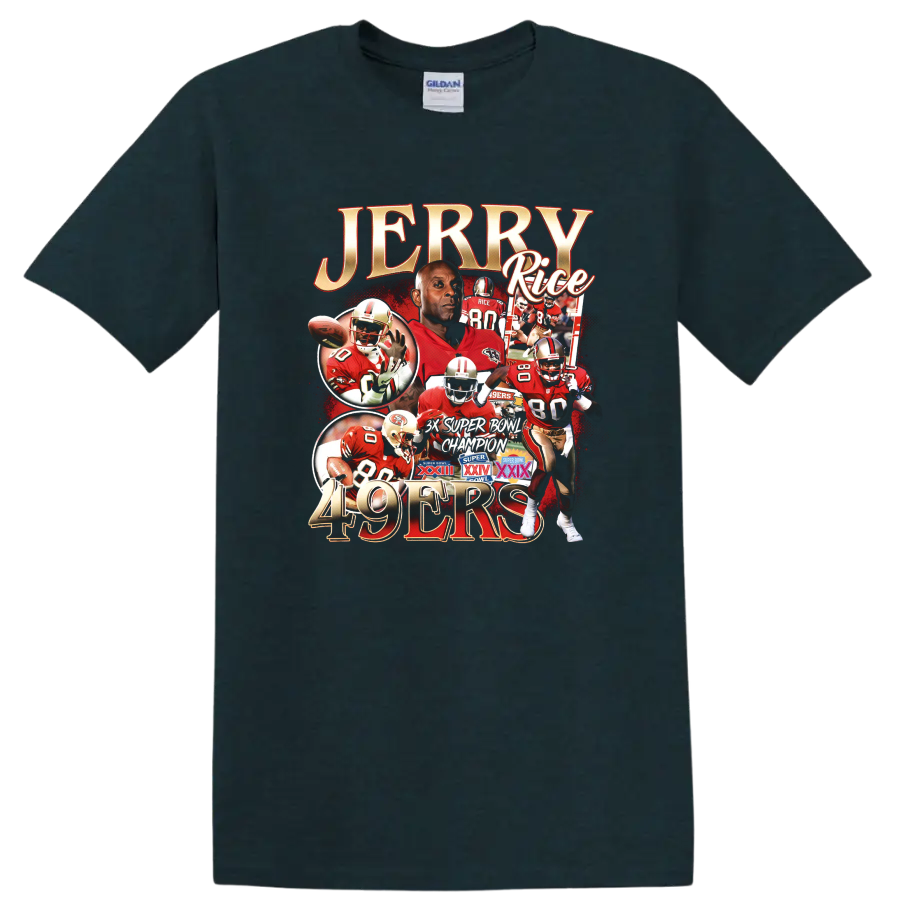 Jerry Rice 49ers football collage with number 80 action scenes and championship emblems on a Midnight (Green) T Shirt