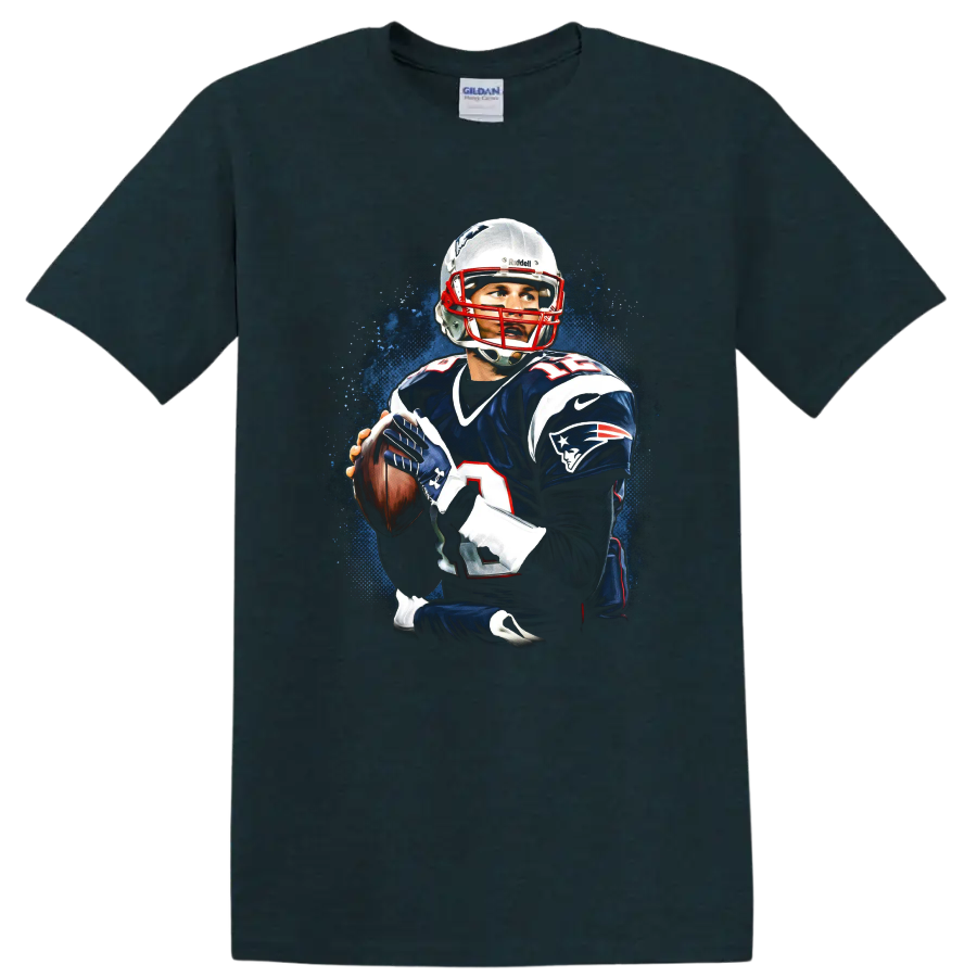 Tom Brady New England Patriots quarterback portrait with blue paint-splash backdrop on a Midnight (Green) T Shirt