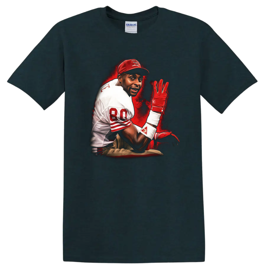 Jerry Rice 49ers-inspired football action portrait with red sports-poster splatter art on a Midnight (Green) T Shirt