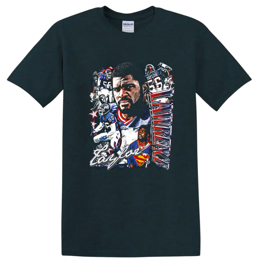 Lawrence Taylor New York Giants football portrait collage with number 56 action scenes on a Midnight (Green) T Shirt