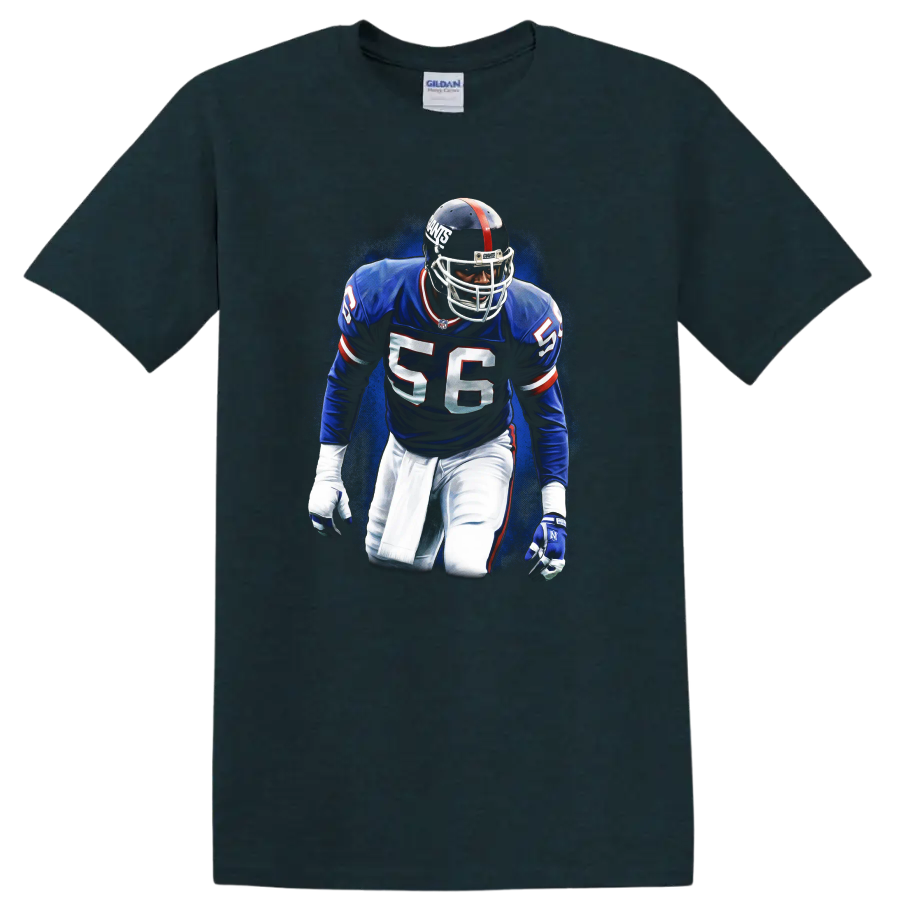 Lawrence Taylor number 56 New York Giants linebacker graphic with blue textured backdrop on a Midnight (Green) T Shirt
