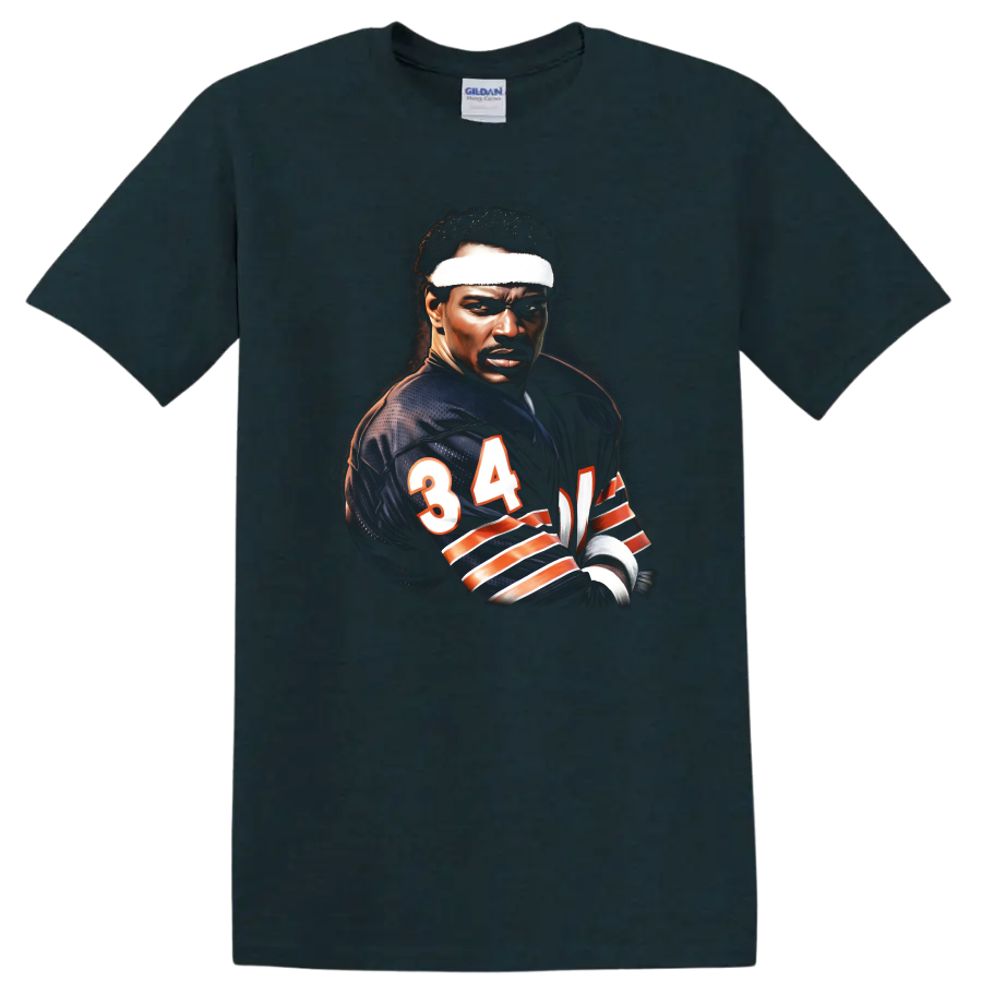 Walter Payton Chicago Bears number 34 football portrait in dramatic painterly style on a Midnight (Green) T Shirt