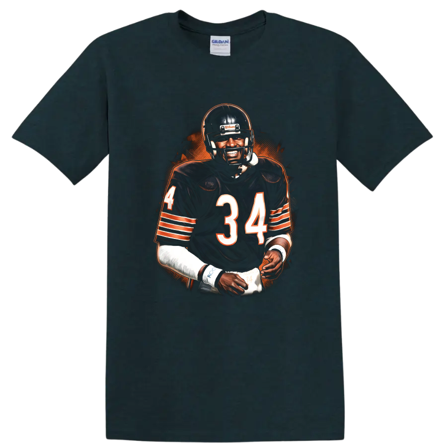 Walter Payton No. 34 football portrait with orange halftone background on a Midnight (Green) T Shirt
