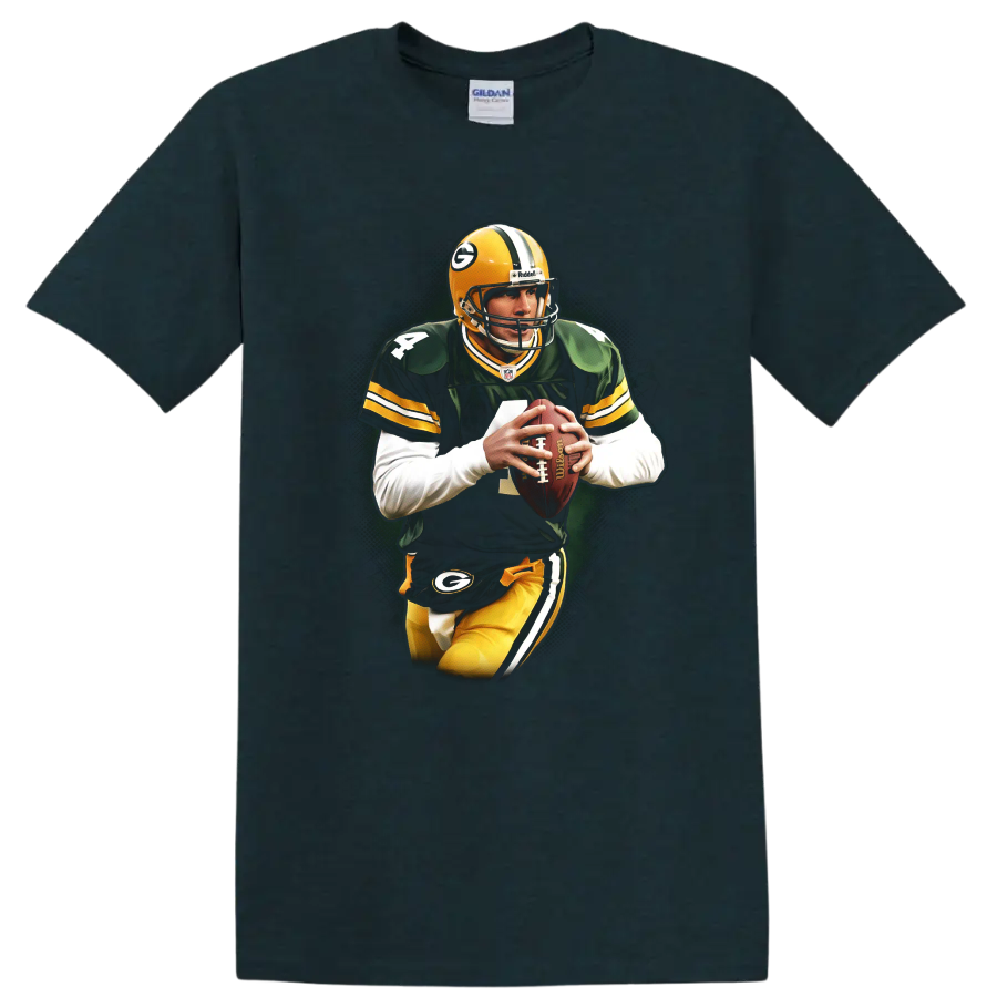 Aaron Rodgers Green Bay Packers quarterback action portrait with football on a Midnight (Green) T Shirt