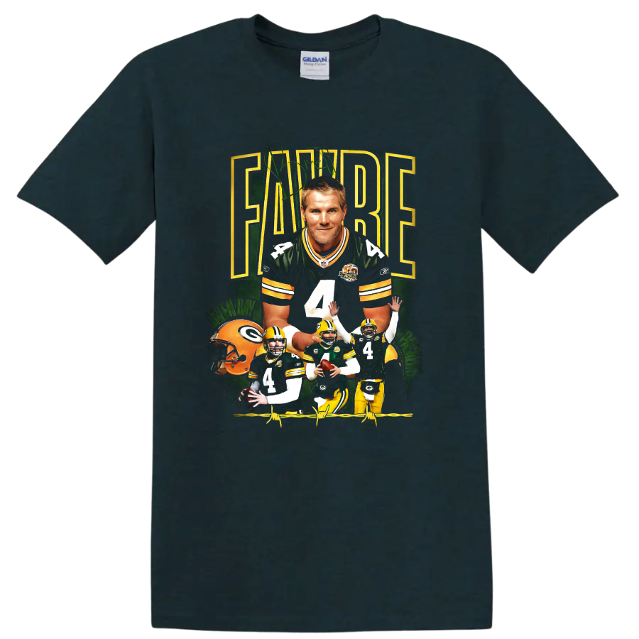 Brett Favre Packers number 4 football action collage in vintage sports-poster style on a Midnight (Green) T Shirt