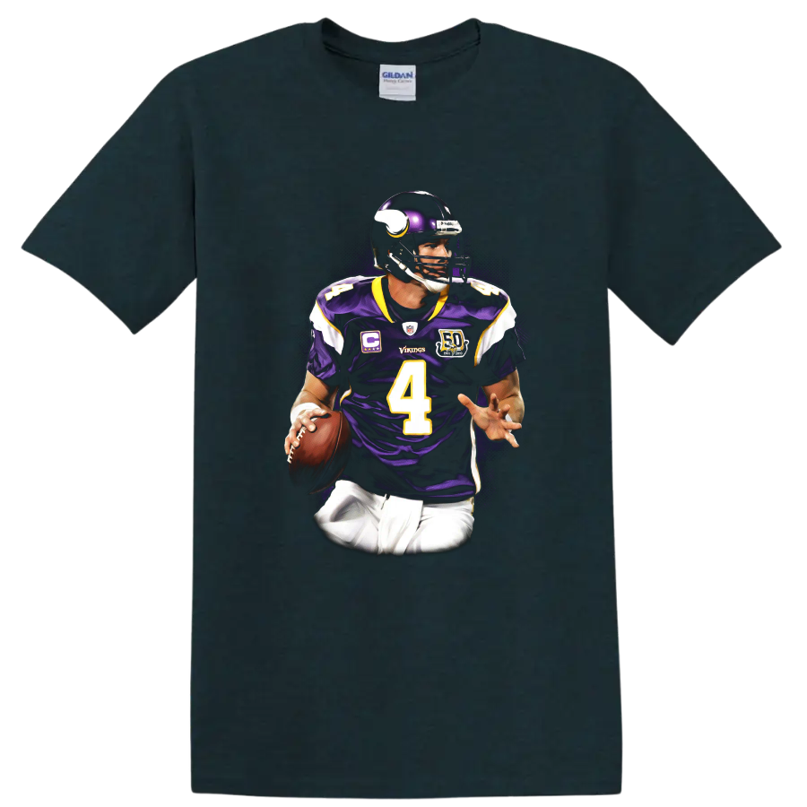 Brett Favre Minnesota Vikings quarterback portrait with purple number 4 uniform on a Midnight (Green) T Shirt