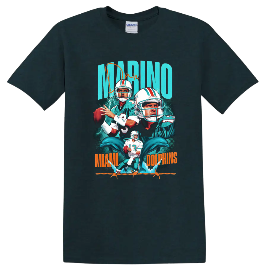 Dan Marino Miami Dolphins retro quarterback collage with dolphins and lightning on a Midnight (Green) T Shirt