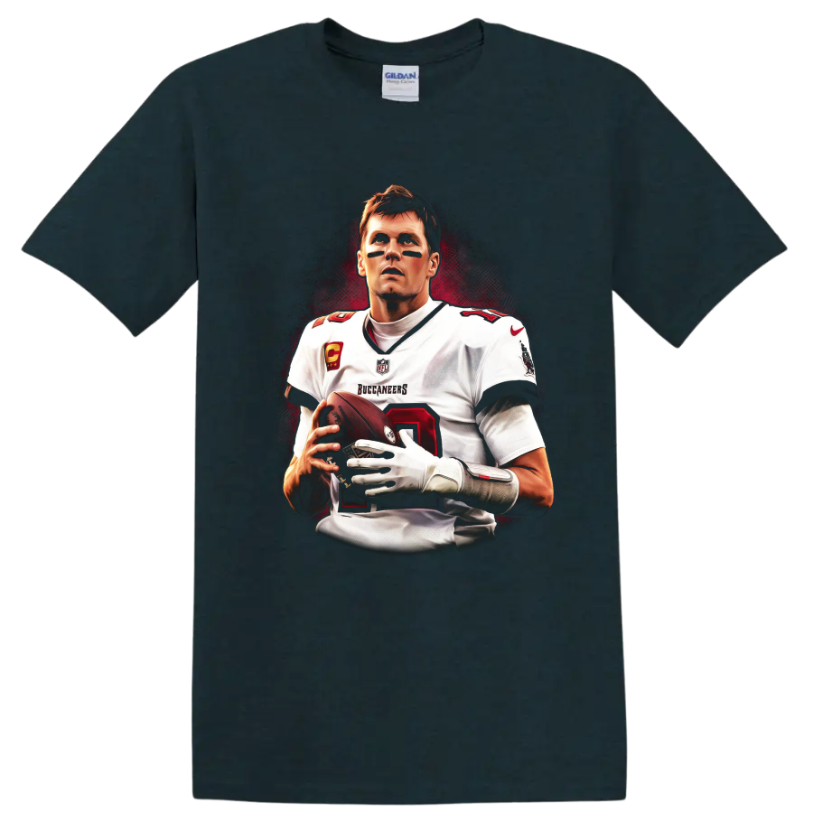Tom Brady Buccaneers quarterback portrait with football and dramatic red backdrop on a Midnight (Green) T Shirt
