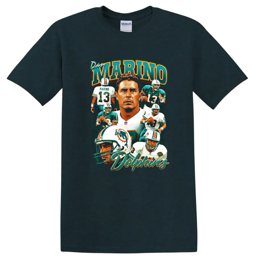 Dan Marino Miami Dolphins quarterback portrait collage with number 13 action scenes on a Midnight (Green) T Shirt