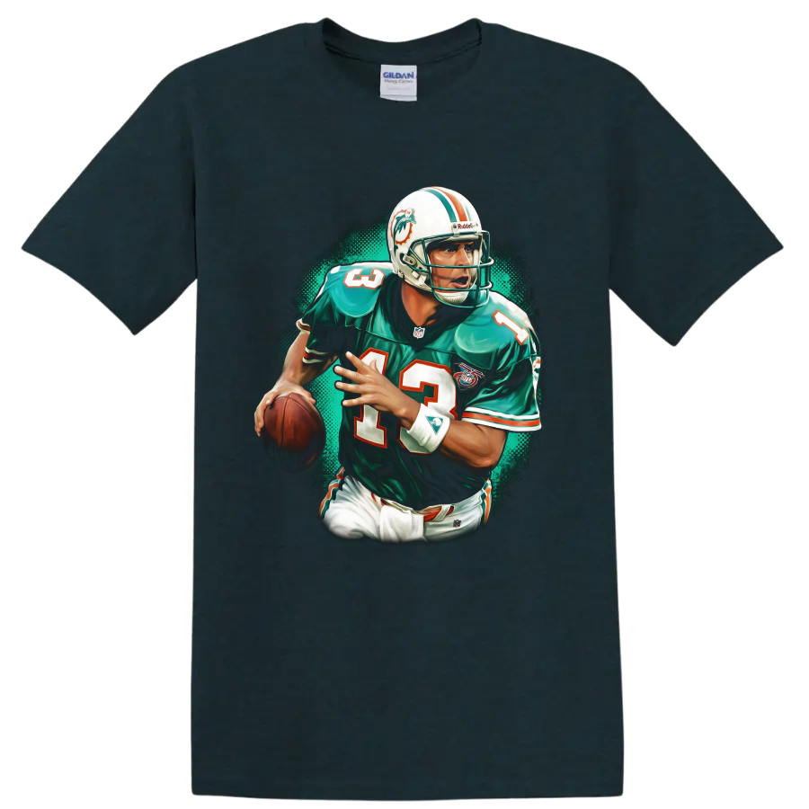Dan Marino Miami Dolphins quarterback retro action portrait with teal halftone backdrop on a Midnight (Green) T Shirt