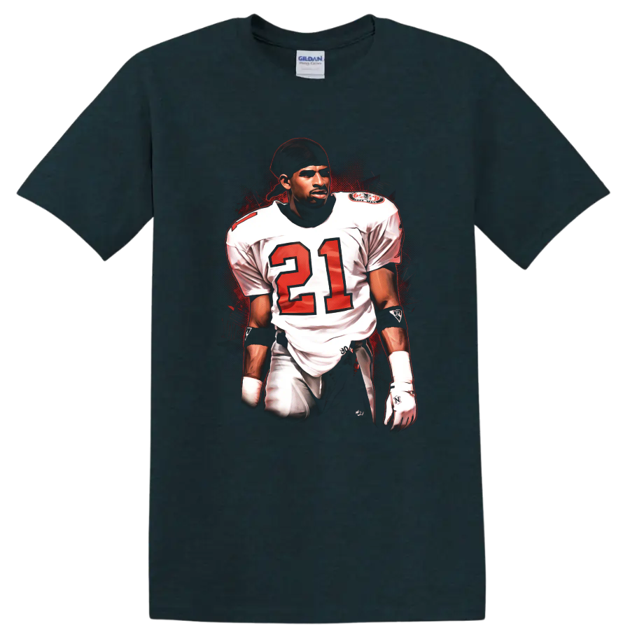 Deion Sanders number 21 football player illustration with red splatter background on a Midnight (Green) T Shirt