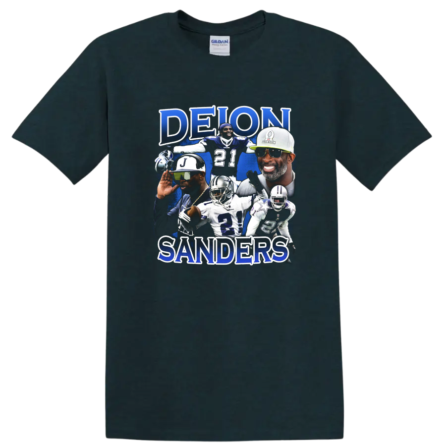 Deion Sanders football collage with blue paint splatter and DEION SANDERS lettering on a Midnight (Green) T Shirt