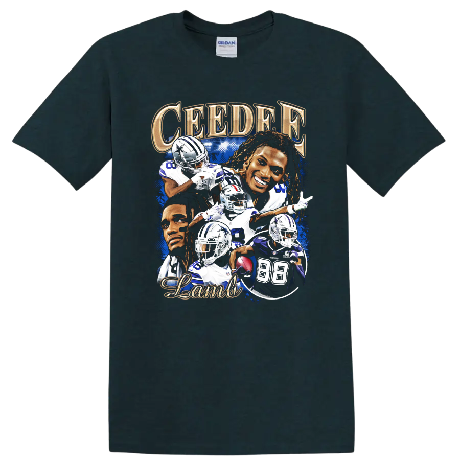 CeeDee Lamb Dallas Cowboys football action and portrait collage with gold lettering on a Midnight (Green) T Shirt