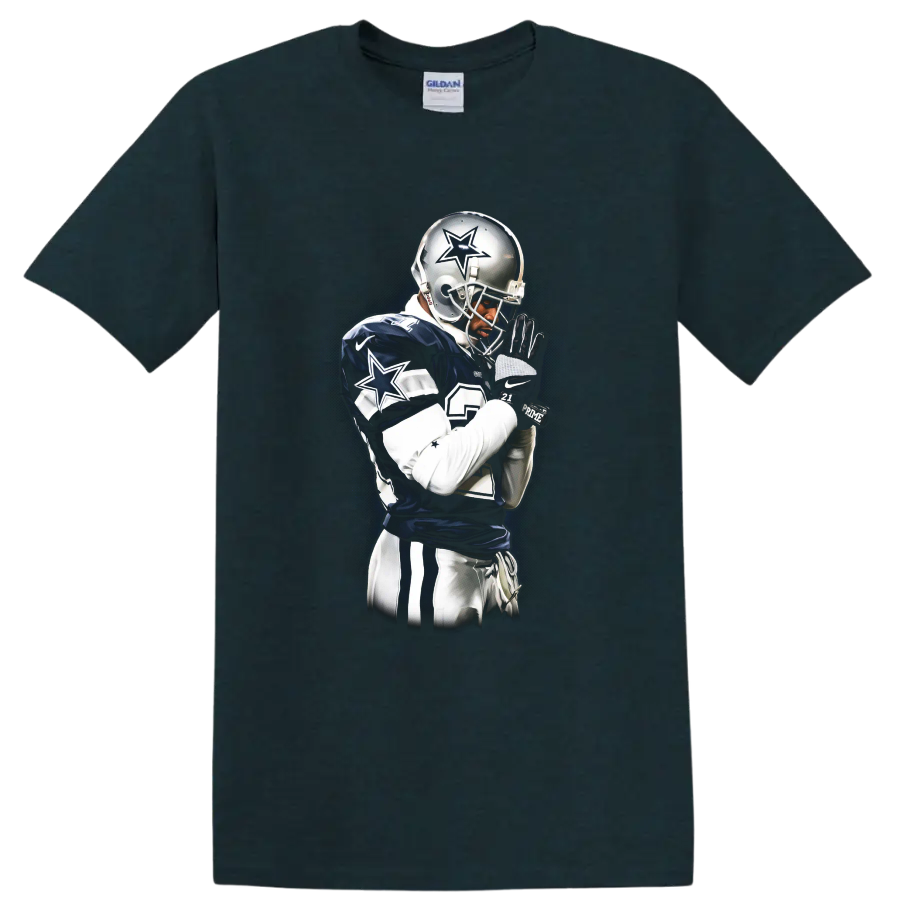 Deion Sanders Dallas Cowboys football portrait with silver helmet and star details on a Midnight (Green) T Shirt