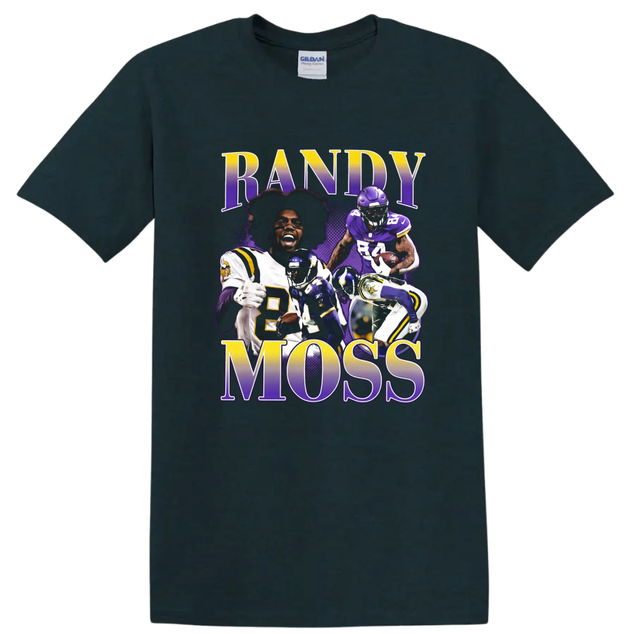 Randy Moss Minnesota Vikings football action collage with RANDY MOSS lettering on a Midnight (Green) T Shirt