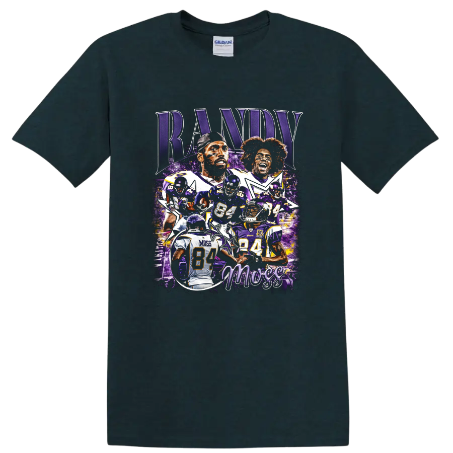 Randy Moss Minnesota Vikings purple football collage with action poses and number 84 on a Midnight (Green) T Shirt