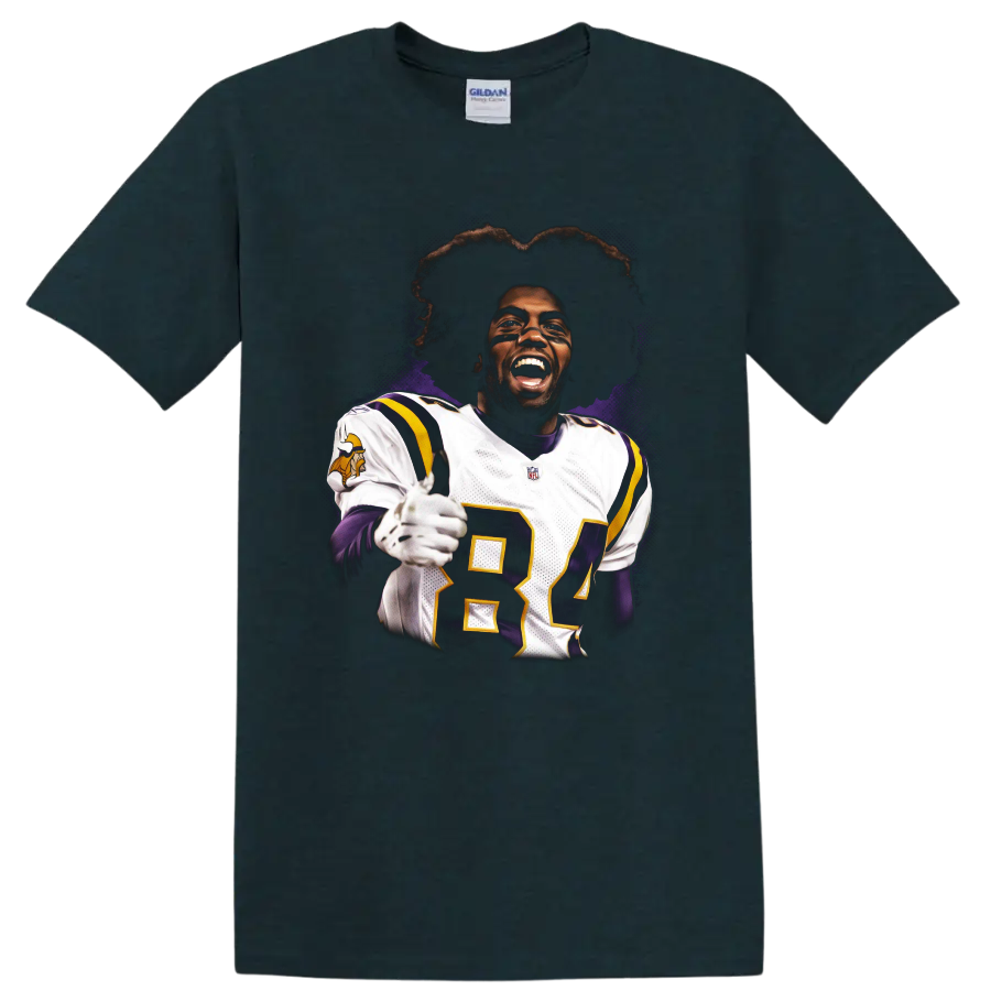 Randy Moss Minnesota Vikings number 84 football portrait with purple splatter art on a Midnight (Green) T Shirt