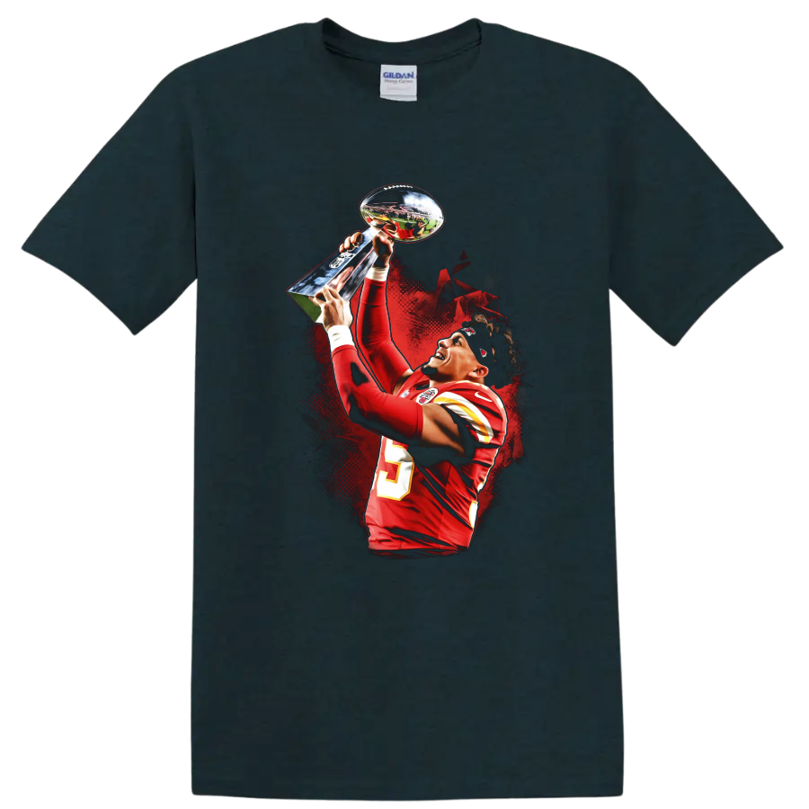 Patrick Mahomes raising a trophy in red football uniform with dramatic red splatter art on a Midnight (Green) T Shirt