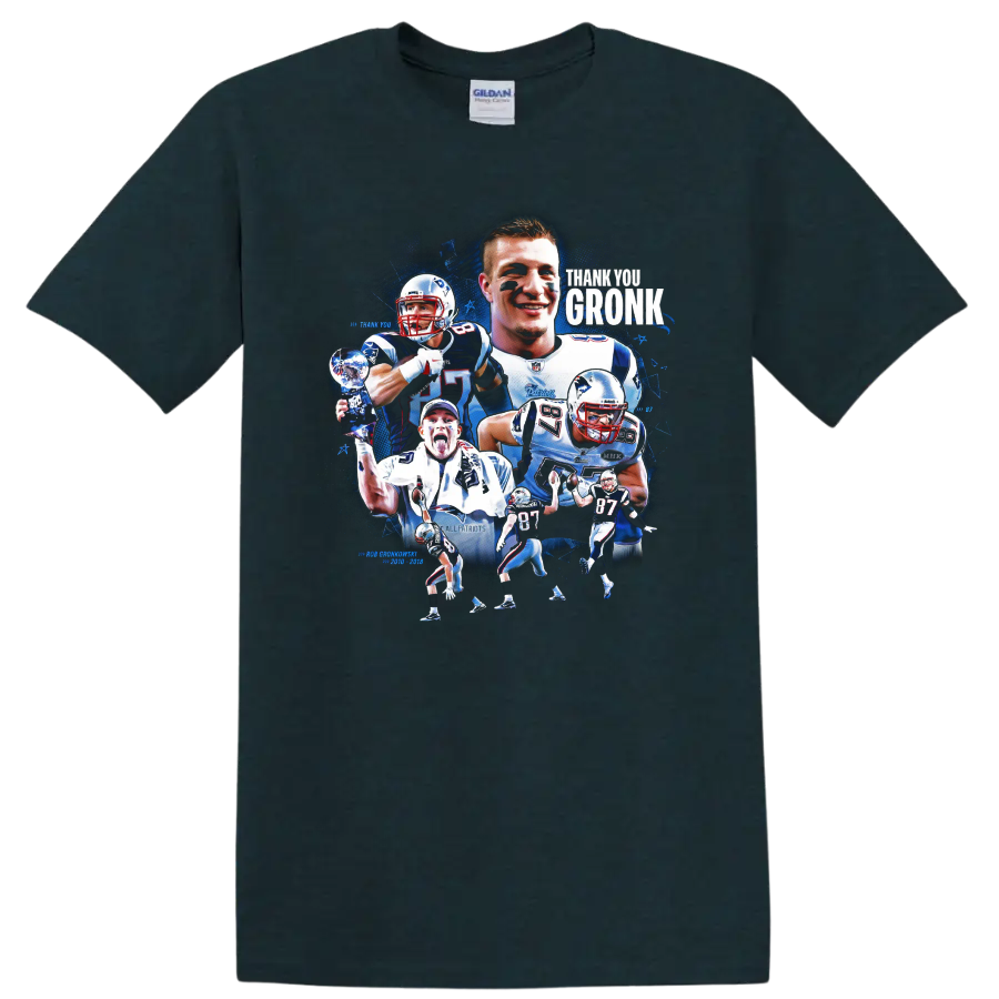 Rob Gronkowski Patriots football action collage with Thank You Gronk lettering on a Midnight (Green) T Shirt