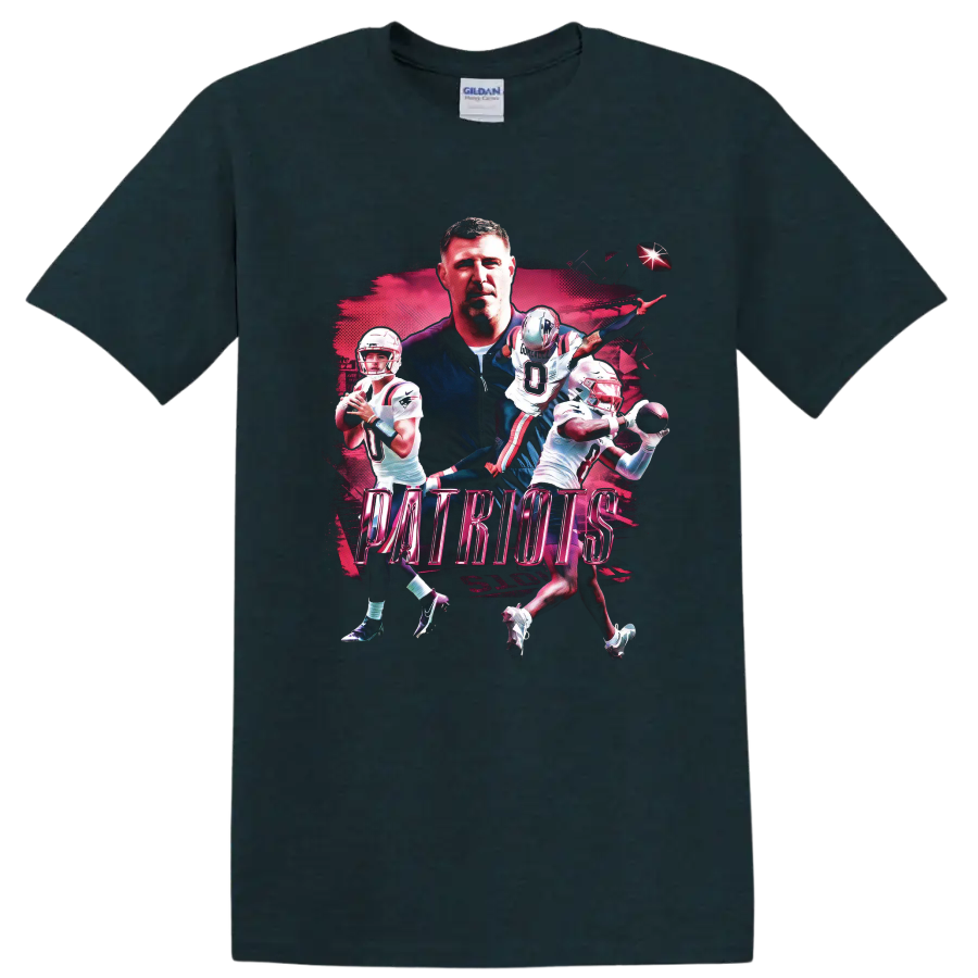 Drake Maye and Stefon Diggs Patriots football action collage with bold PATRIOTS text on a Midnight (Green) T Shirt