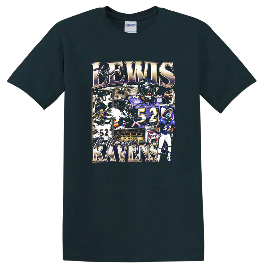 Ray Lewis Baltimore Ravens number 52 football collage with stadium and helmet portraits on a Midnight (Green) T Shirt