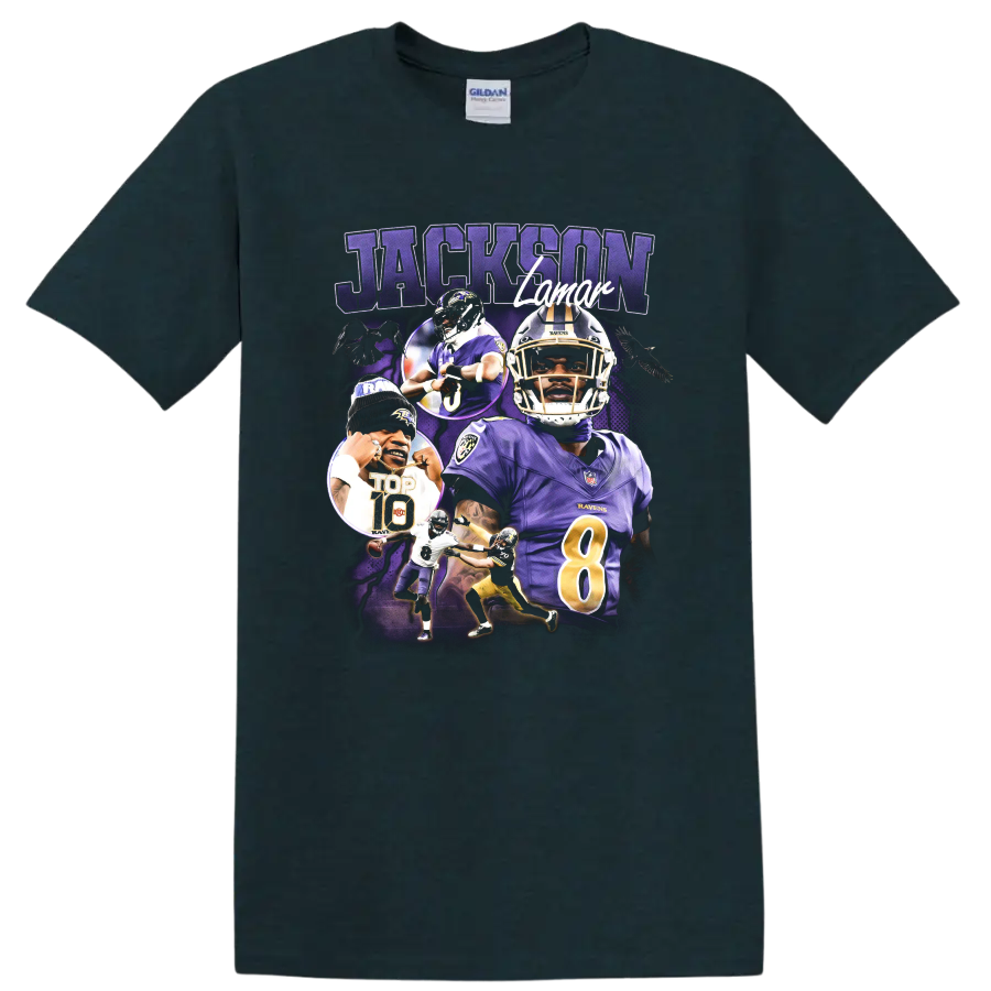 Lamar Jackson Baltimore Ravens number 8 football portrait collage with JACKSON text on a Midnight (Green) T Shirt