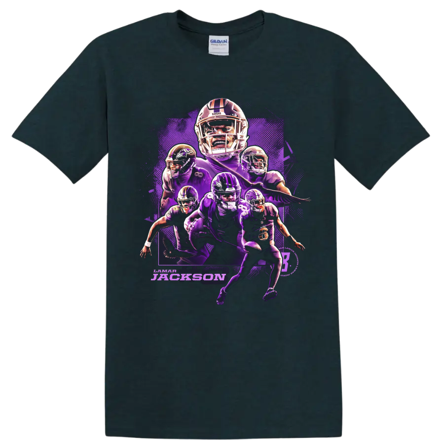 Lamar Jackson Baltimore Ravens purple football action collage with layered player poses on a Midnight (Green) T Shirt