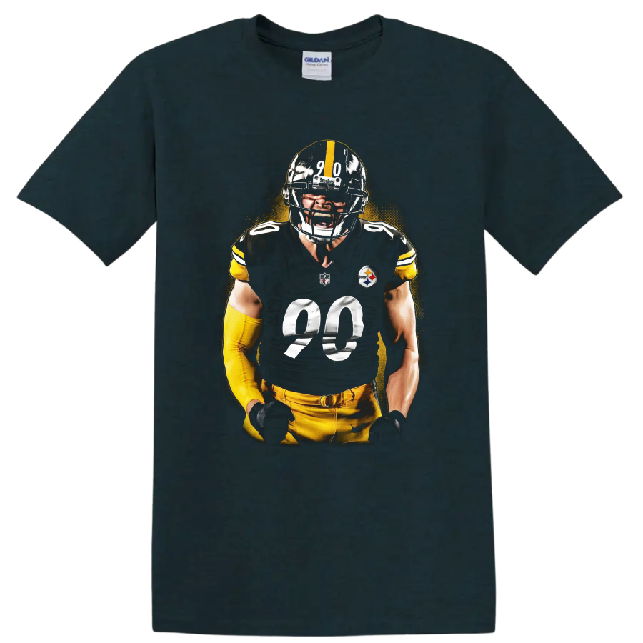 T.J. Watt Steelers defensive football player portrait with gold halftone backdrop on a Midnight (Green) T Shirt