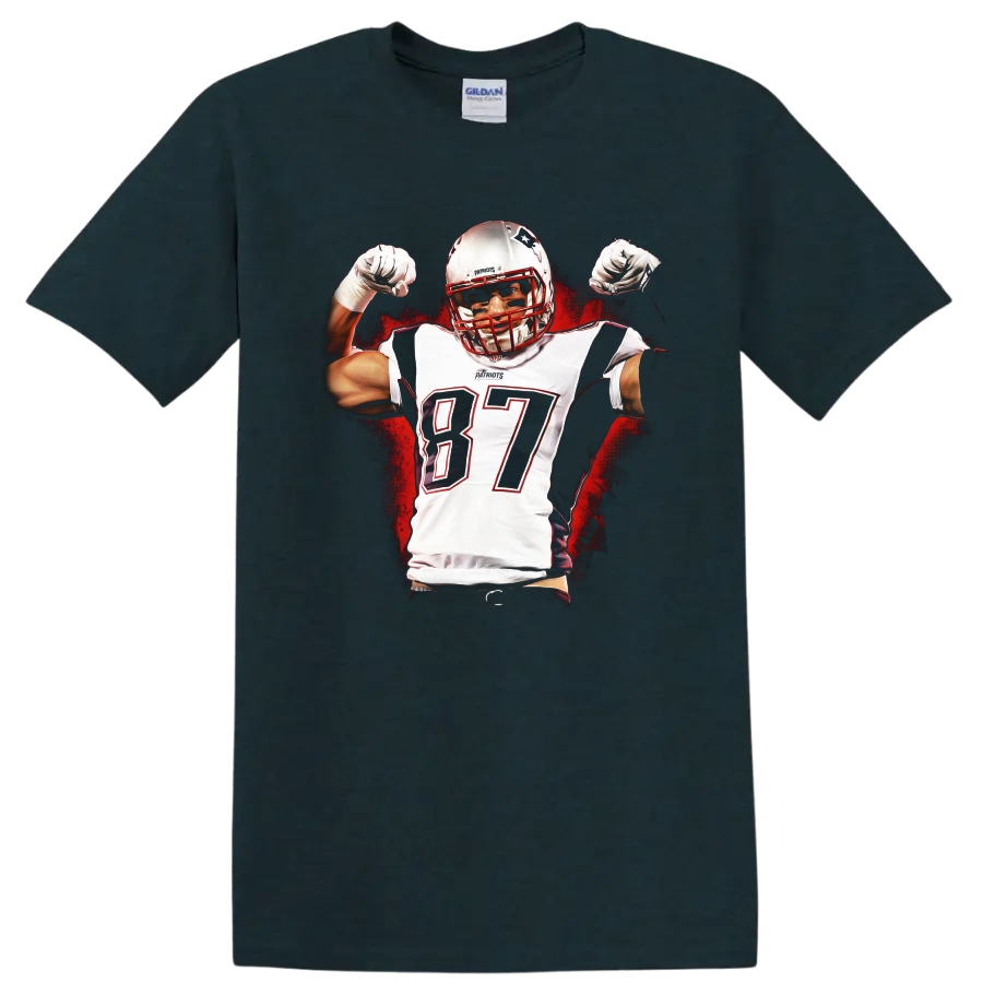 Travis Kelce number 87 football player flexing in bold red and black graphic art on a Midnight (Green) T Shirt