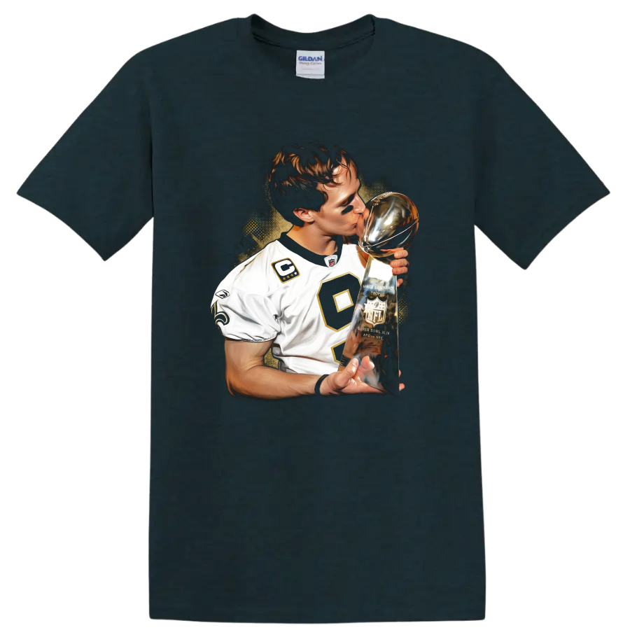 Drew Brees kissing the Vince Lombardi Trophy in dramatic football portrait art on a Midnight (Green) T Shirt