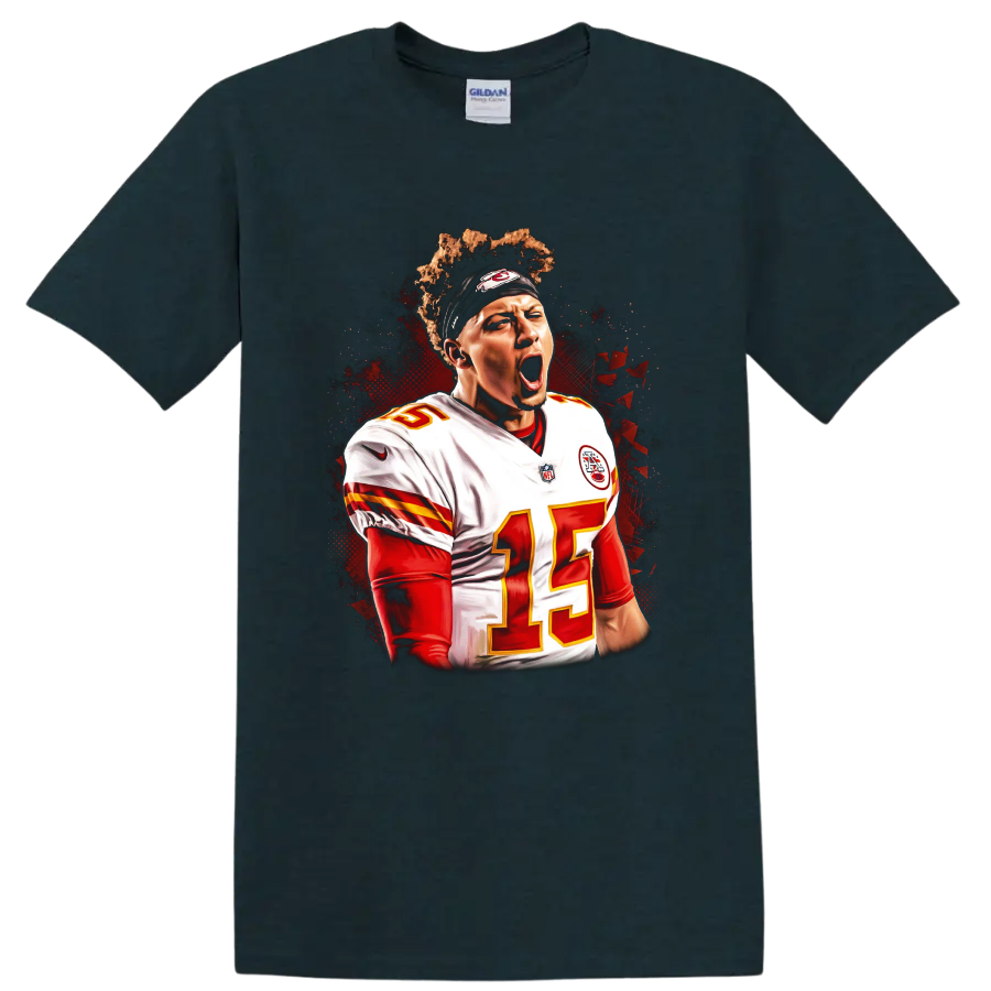 Patrick Mahomes Chiefs number 15 quarterback portrait with red and black action art on a Midnight (Green) T Shirt