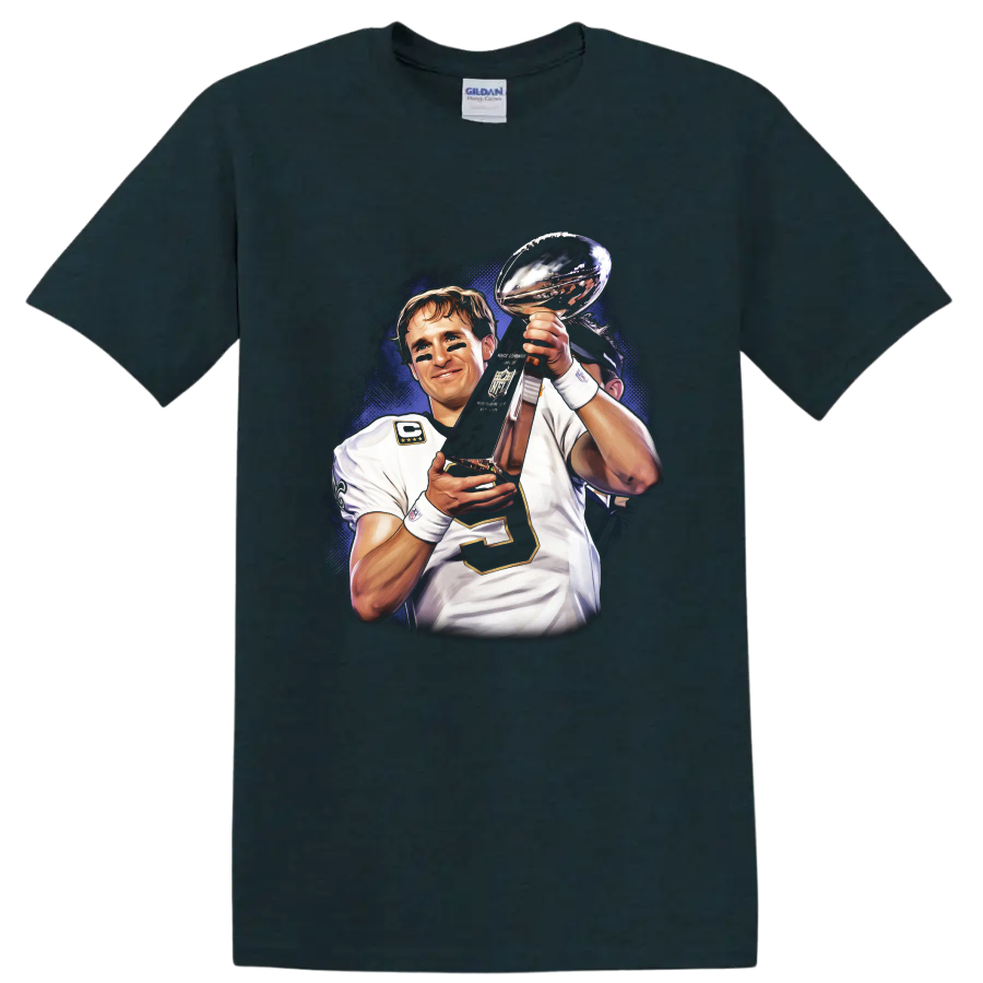 Drew Brees holding Lombardi Trophy in illustrated New Orleans Saints football art on a Midnight (Green) T Shirt