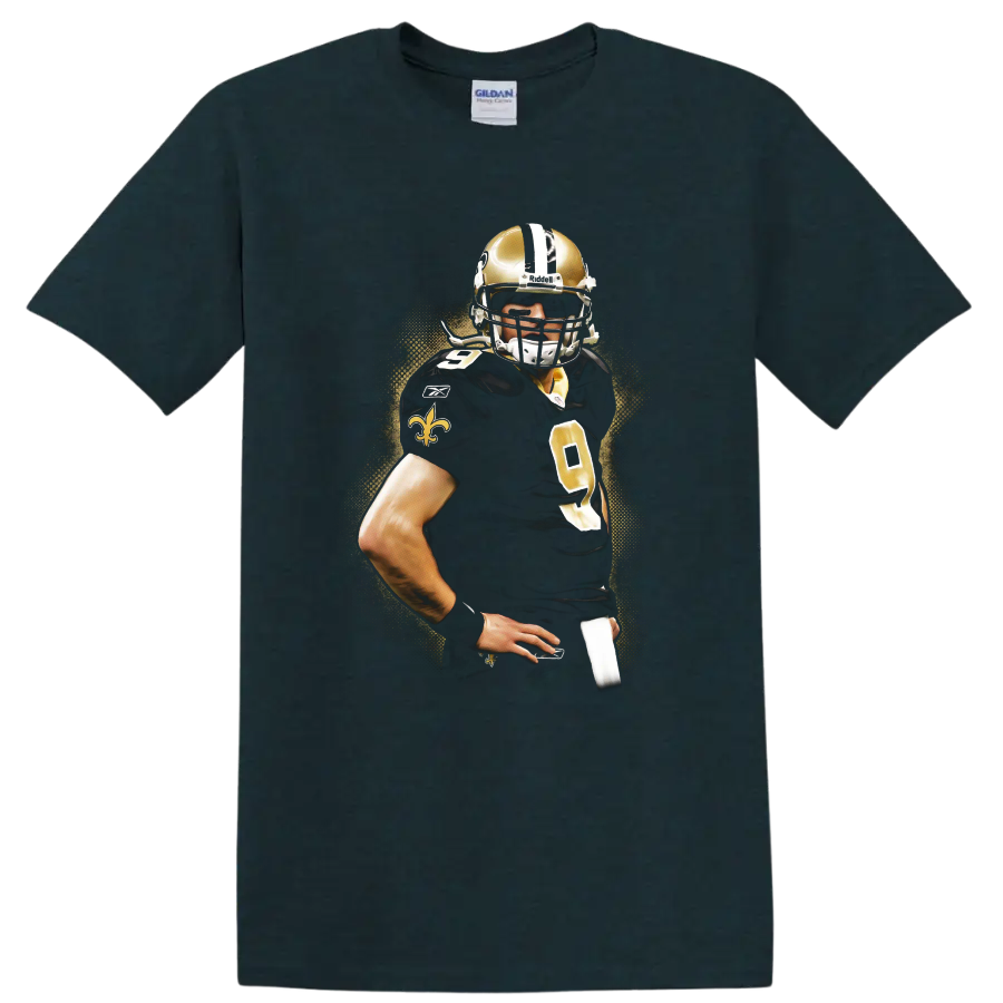 Drew Brees New Orleans Saints quarterback portrait with gold splatter background on a Midnight (Green) T Shirt