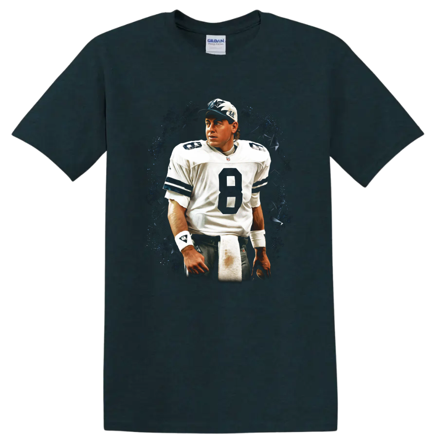 Troy Aikman Dallas Cowboys quarterback portrait with dark vintage splatter backdrop on a Midnight (Green) T Shirt