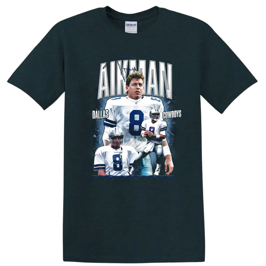 Troy Aikman Dallas Cowboys No. 8 football collage with quarterback action portraits on a Midnight (Green) T Shirt