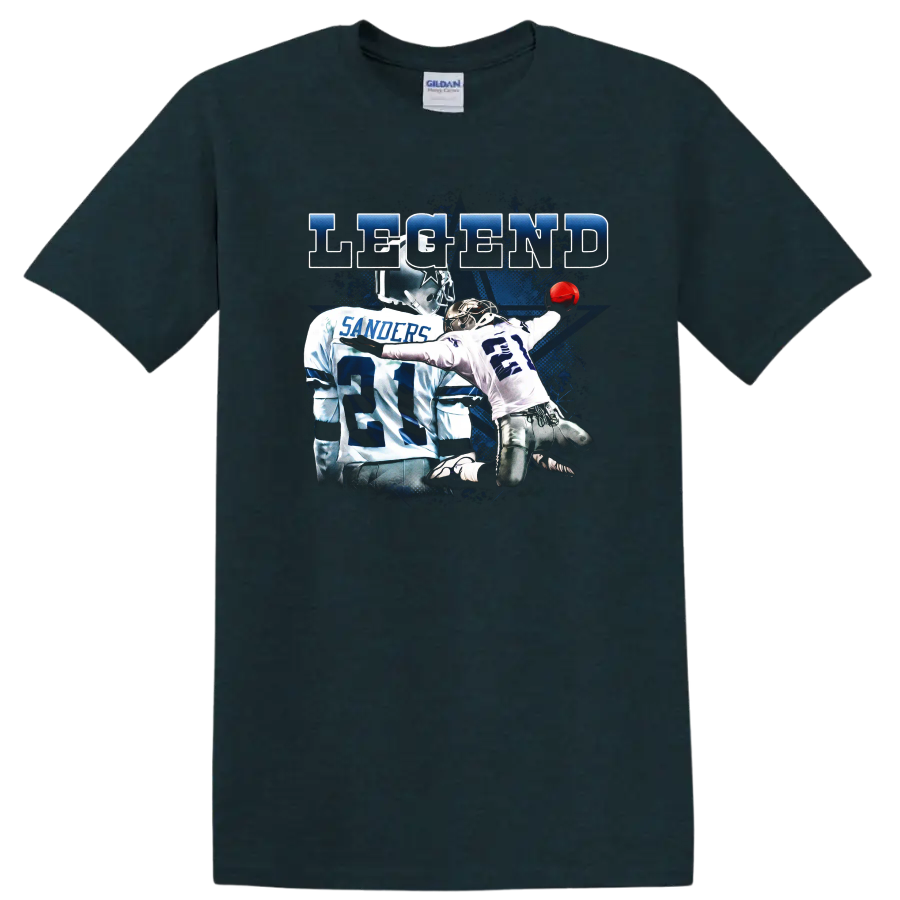 Deion Sanders Dallas Cowboys number 21 action graphic with distressed LEGEND text on a Midnight (Green) T Shirt