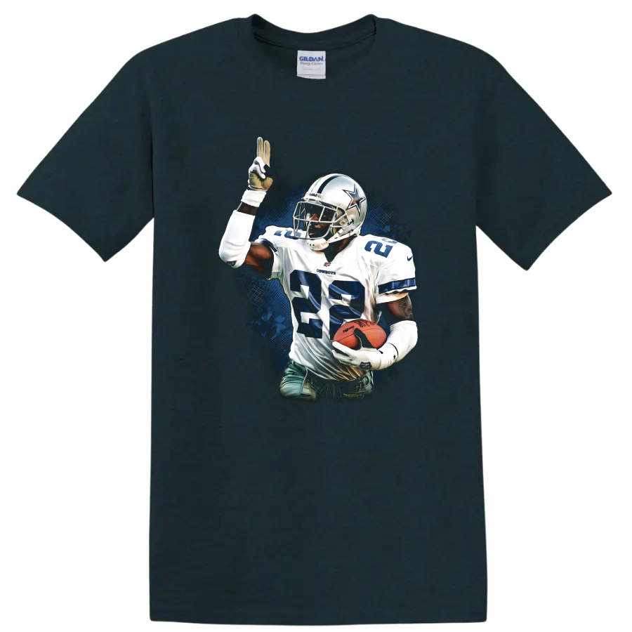 Emmitt Smith Dallas Cowboys No. 22 football action art with blue grunge backdrop on a Midnight (Green) T Shirt