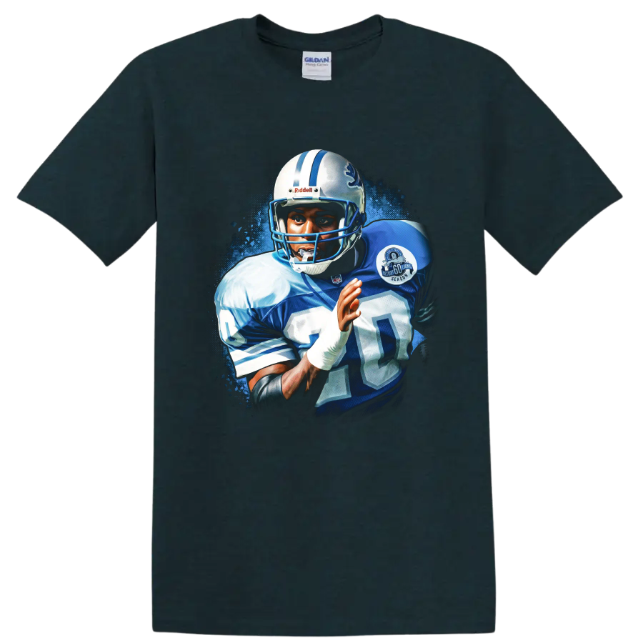 Barry Sanders Detroit Lions number 20 football action portrait with blue splatter art on a Midnight (Green) T Shirt