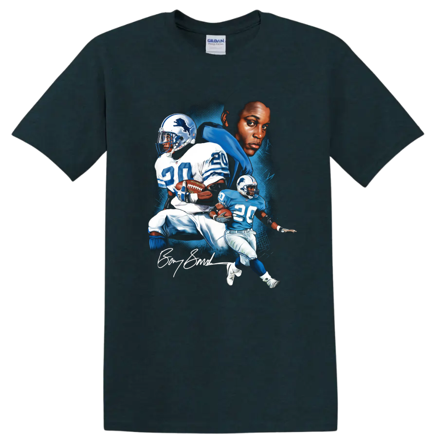 Barry Sanders Detroit Lions No. 20 illustrated football action portrait on a Midnight (Green) T Shirt