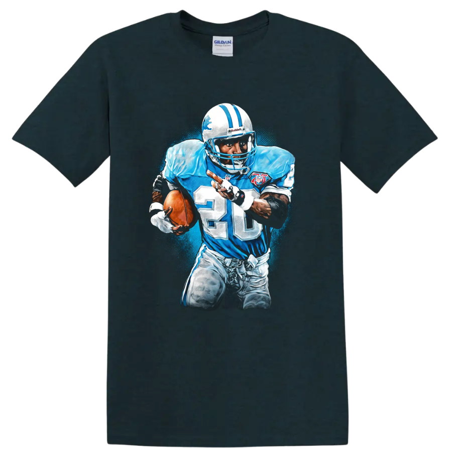 Barry Sanders Detroit Lions number 20 running back action graphic with blue paint splatter on a Midnight (Green) T Shirt